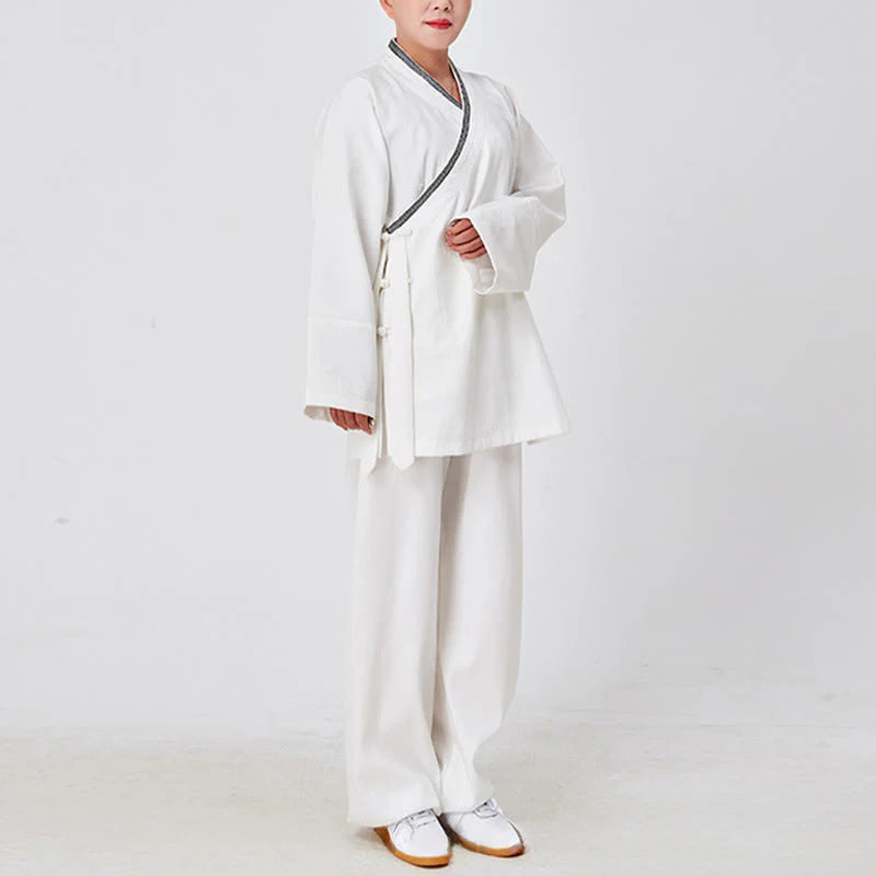 Buddha Stones 2Pcs Wudang Fall Solid Frog-Button Long Sleeve Linen Unisex Taoist Robe Kimono Pants Qigong Ceremony Suit