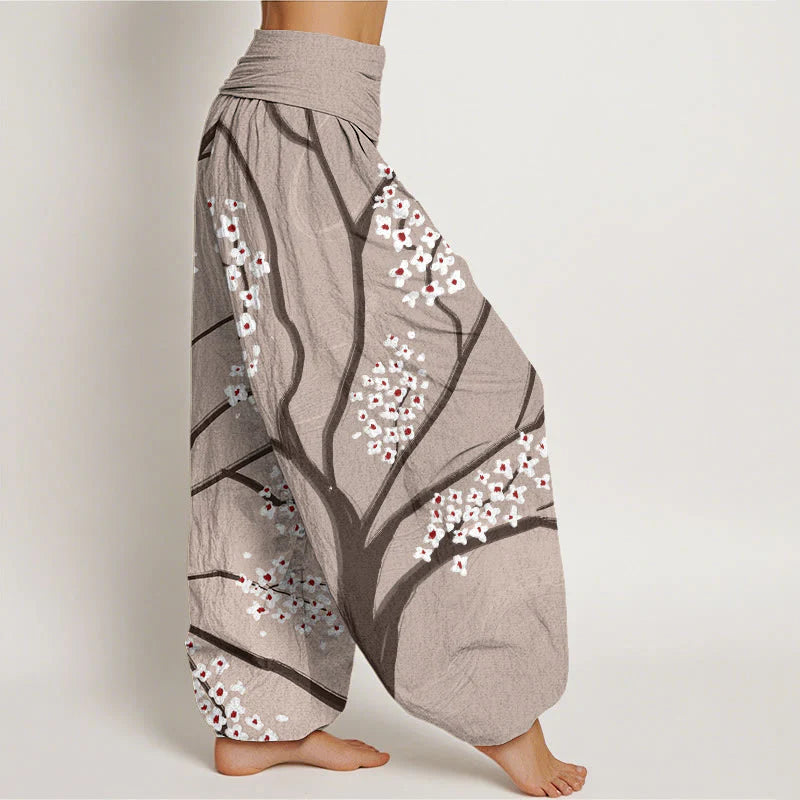 Buddha Stones Cotton Casual Plum Blossom Branch Pattern Women's Elastic Waist Harem Pants