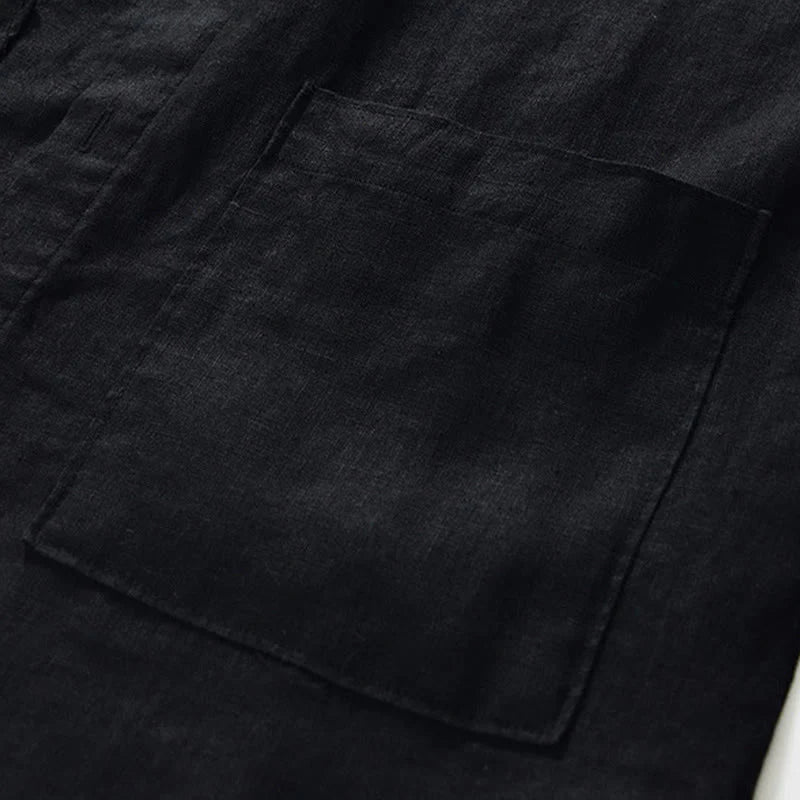 Buddha Stones Fall Solid Color Buttons Down Stand Collar Three Quarter Sleeve Linen Men's Shirt With Pockets