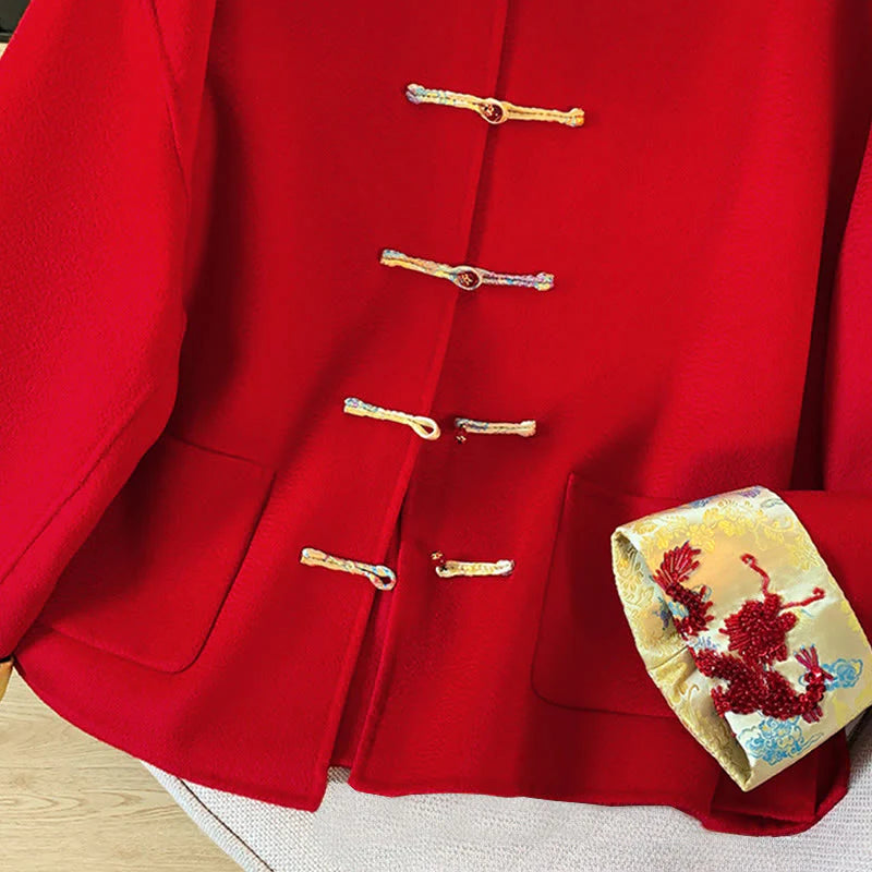 Buddha Stones Winter Embroidery Buttons Design Long Sleeve Women's Cotton Jacket With Pockets