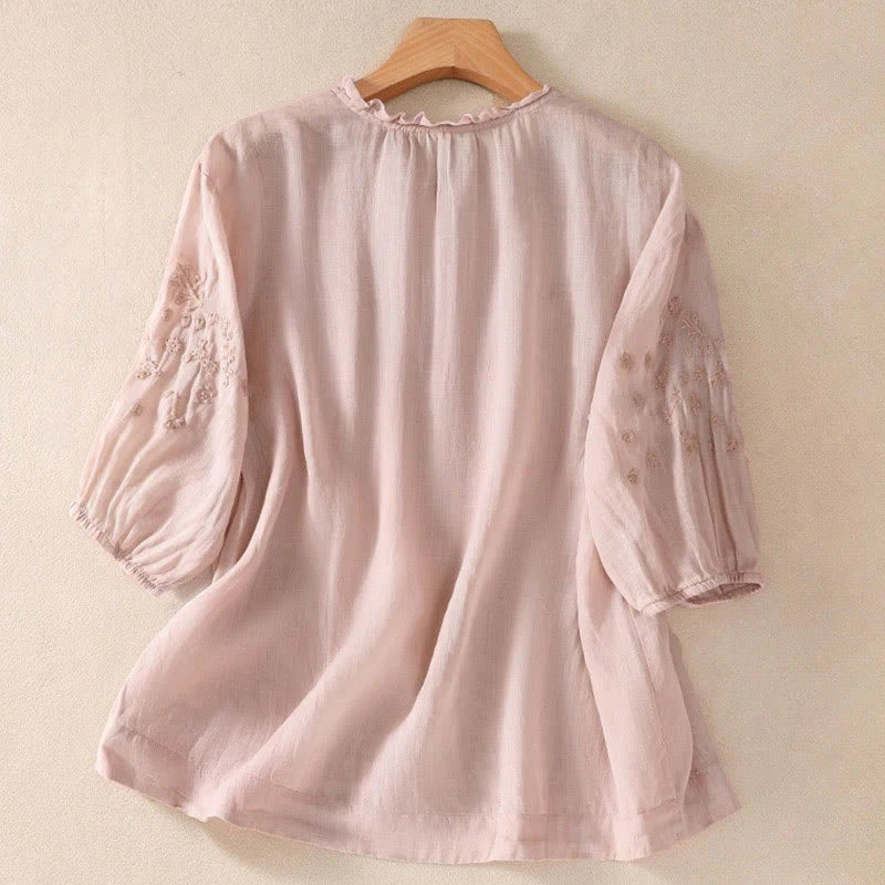 Buddha Stones Casual Plain Button Floral Embroidered Design Puff Half Sleeve Women's Shirt
