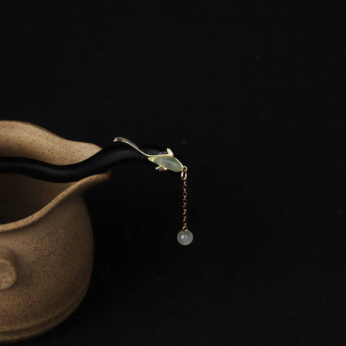 Buddha Stones Ebony Hetian Jade Fish Blessing Hairpin
