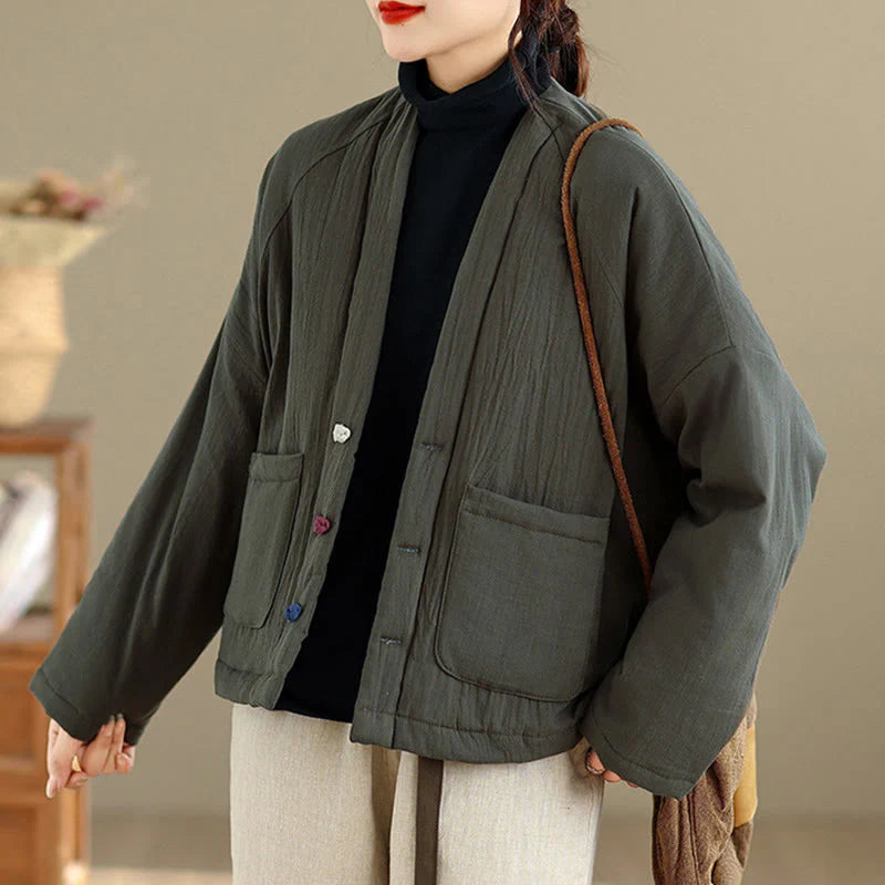 Buddha Stones Winter Long Sleeve Cotton Women's Thermal Jacket With Pockets