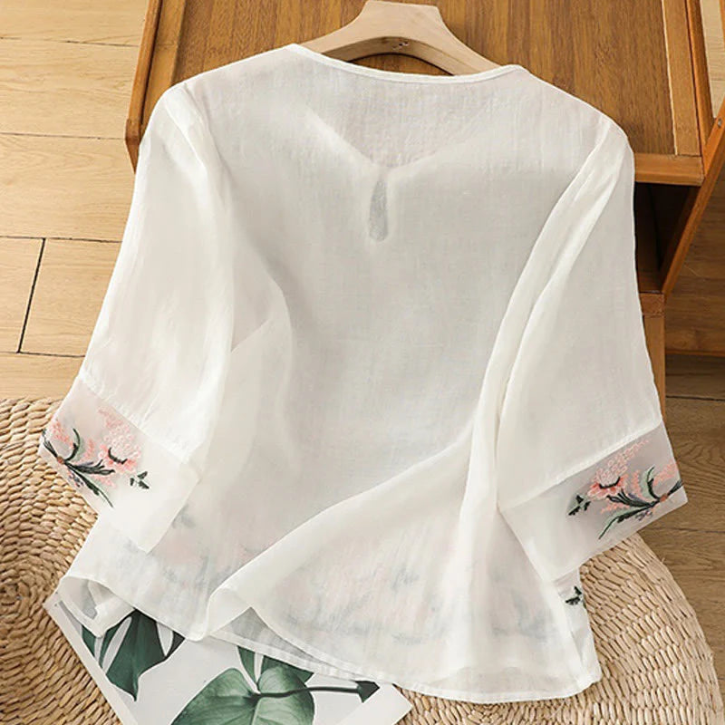 Buddha Stones Casual Floral Embroidery Crew Neck Women's Frog-Button Polyester Half Sleeve Shirt