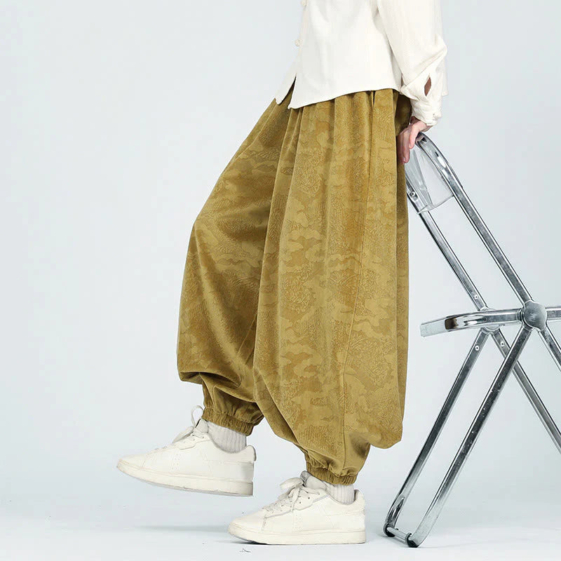Buddha Stones Fall Plain Jacquard Design Drawstring Men's Harem Pants With Pockets