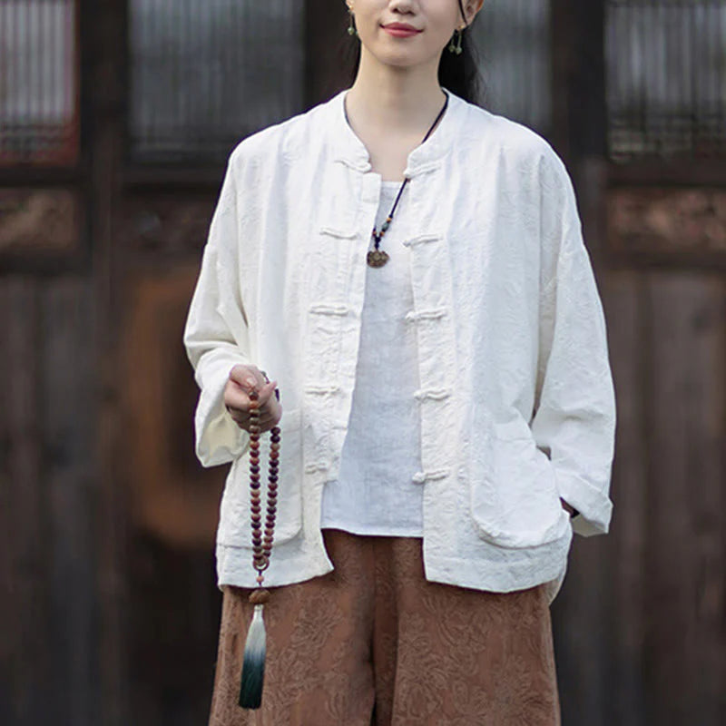 Buddha Stones Fall Jacquard Women's Frog-Button Long Sleeve Shirt Pants Cotton Linen Clothing