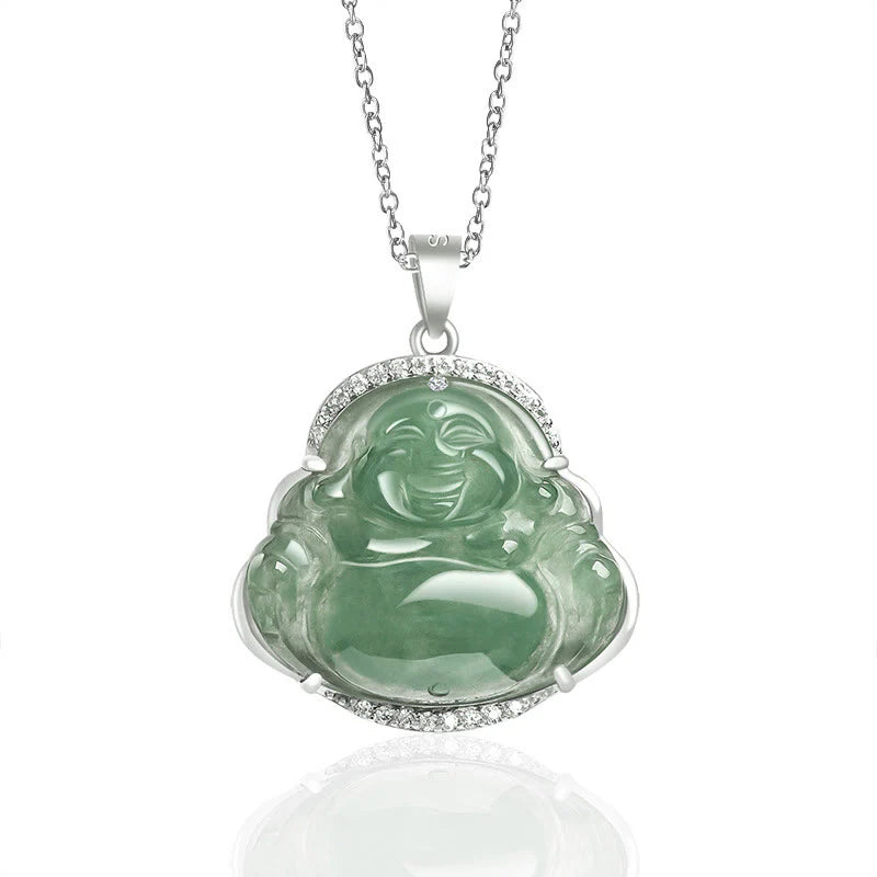Buddha Stones Laughing Buddha Natural Jade Luck Prosperity Necklace Titanium Steel Chain Pendant