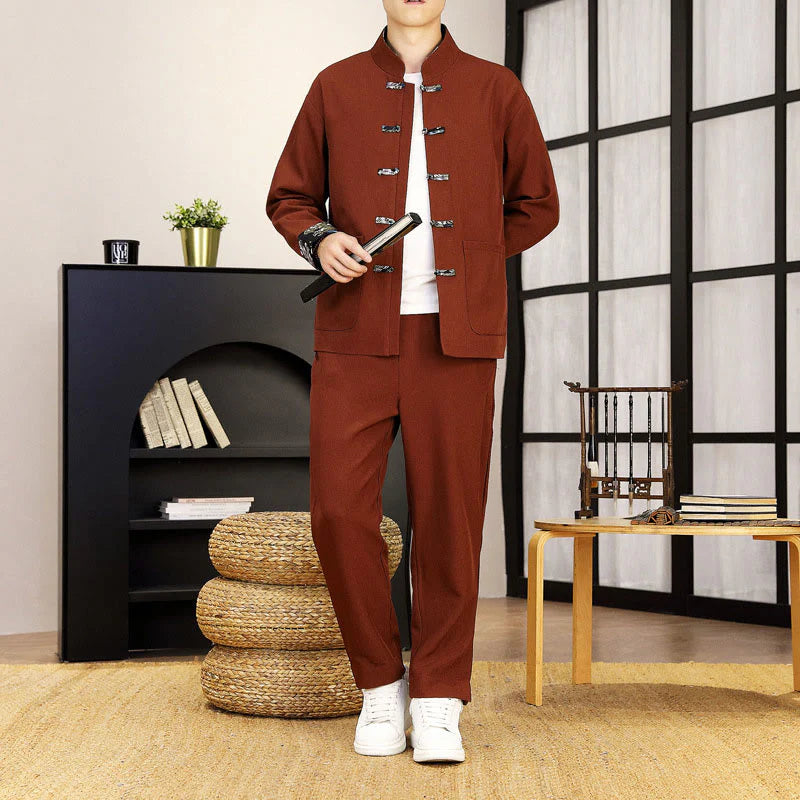 Buddha Stones 2Pcs Tang Suit Frog-Button Men's Waves Long Sleeve Shirt Pants Clothing Set