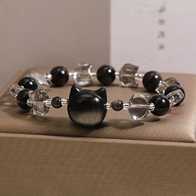 Buddha Stones Black Obsidian Cat Head Purification Strength Bracelet