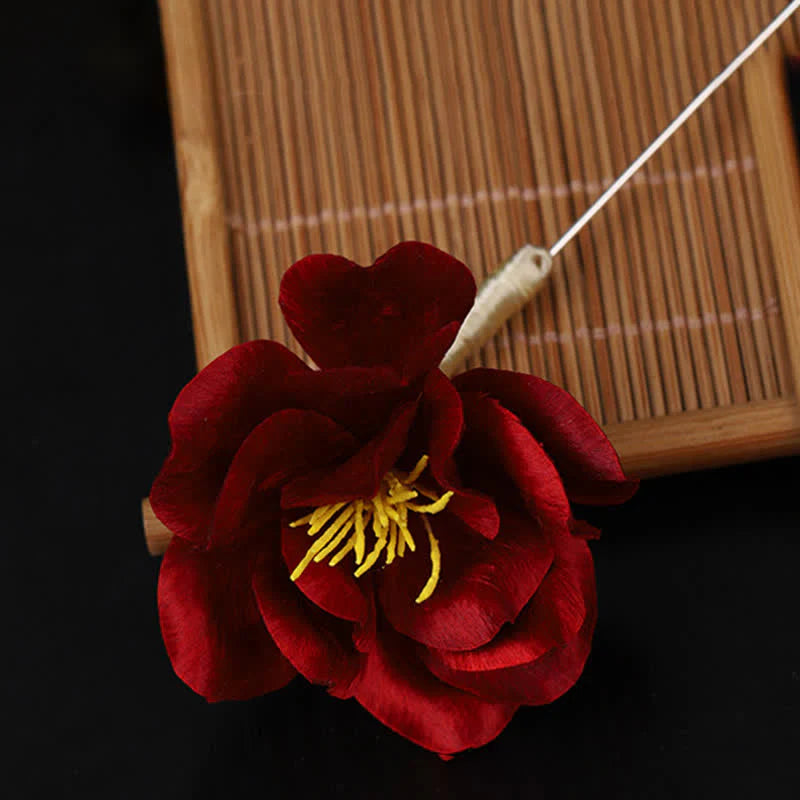 Buddha Stones Cultural Heritage Handcrafted Silk Art Red Camellia Blessing Sincerity Brooch