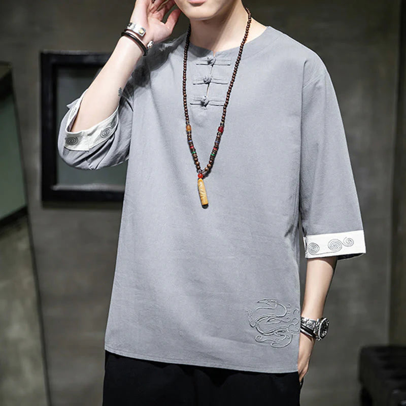 Buddha Stones Summer Embroidery Plain Frog-Button Men's Crew Neck Half Sleeve Cotton Linen Shirt Clothing