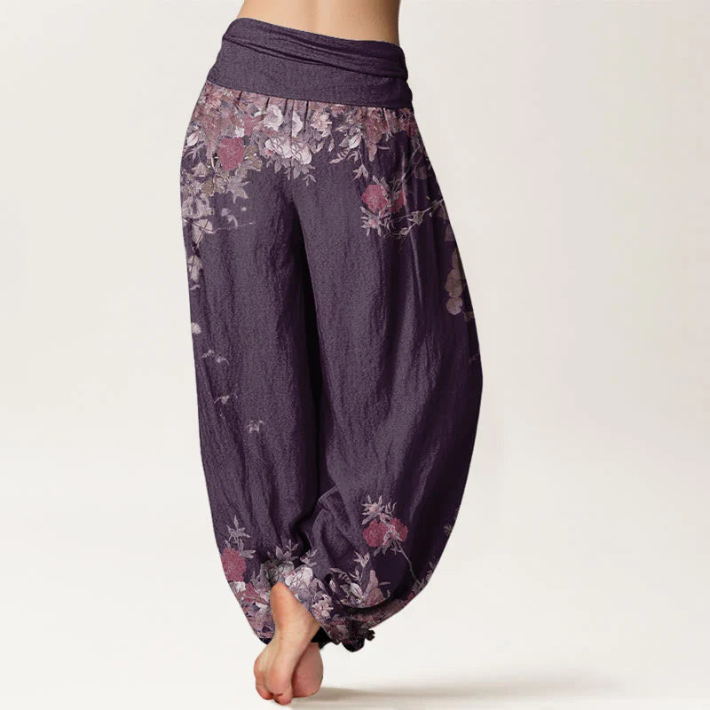 Buddha Stones Cotton Casual Red Peony Flower Vine Design Women's Elastic Waist Harem Pants