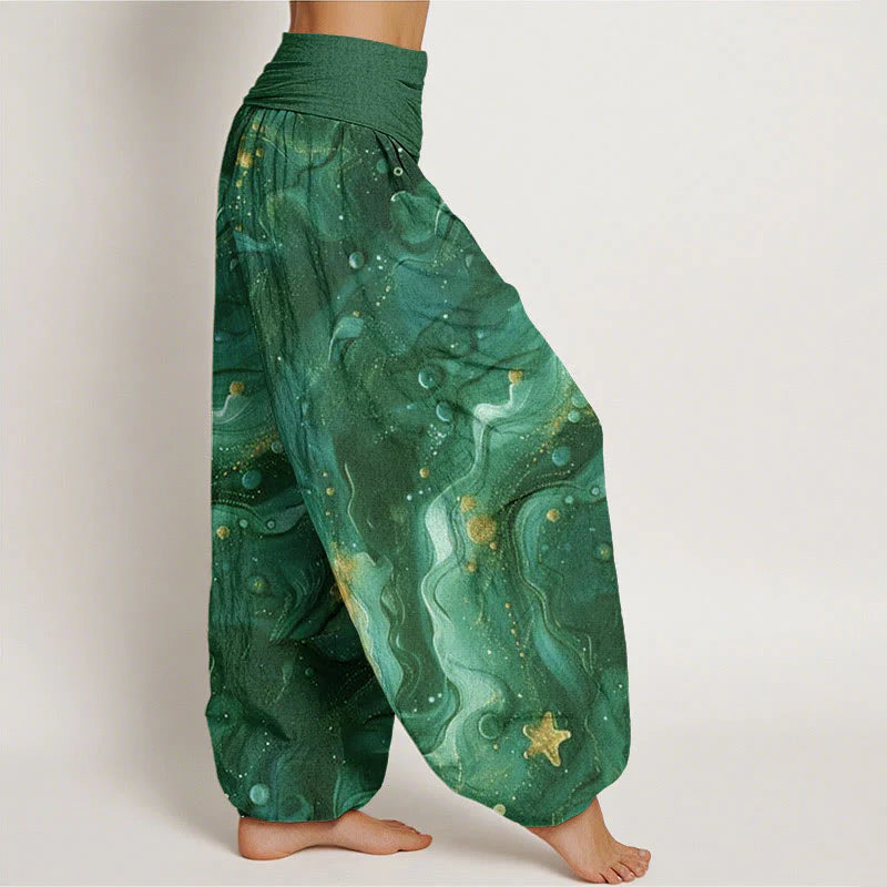Buddha Stones Cotton Oceanic Golde Star Pattern Women's Elastic Waist Harem Pants