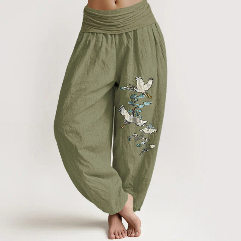 Buddha Stones Pure Cotton Elegant Crane Cloud Mountain Pattern Women's Elastic Waist Harem Pants