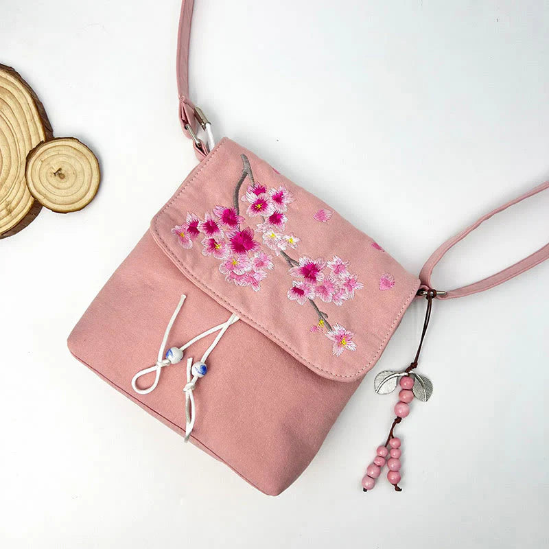Buddha Stones Embroidered Camellia Epiphyllum Gardenia Sakura Flowers Crossbody Bag Shoulder Bag Cellphone Bag