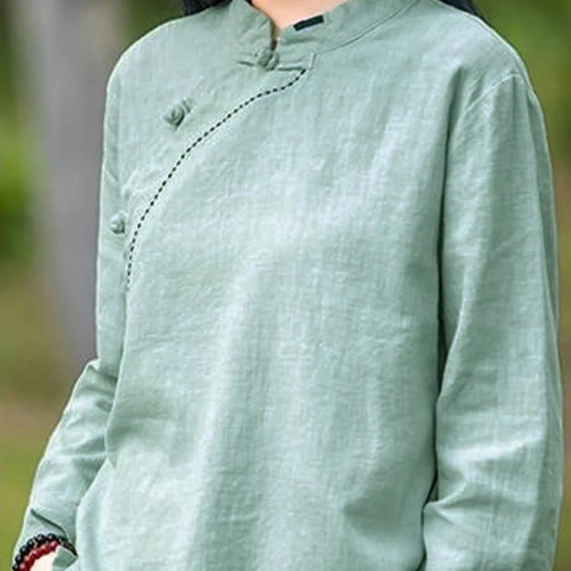 Buddha Stones Oblique Collar Knot button Loose Linen Clothing