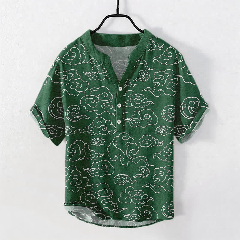 Buddha Stones Cotton Cloud Pattern Men's Short Sleeve Half Button Shirt