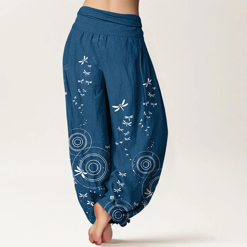 Buddha Stones Pure Cotton Circular Lines Dragonfly Women's Elastic Waist Harem Pants