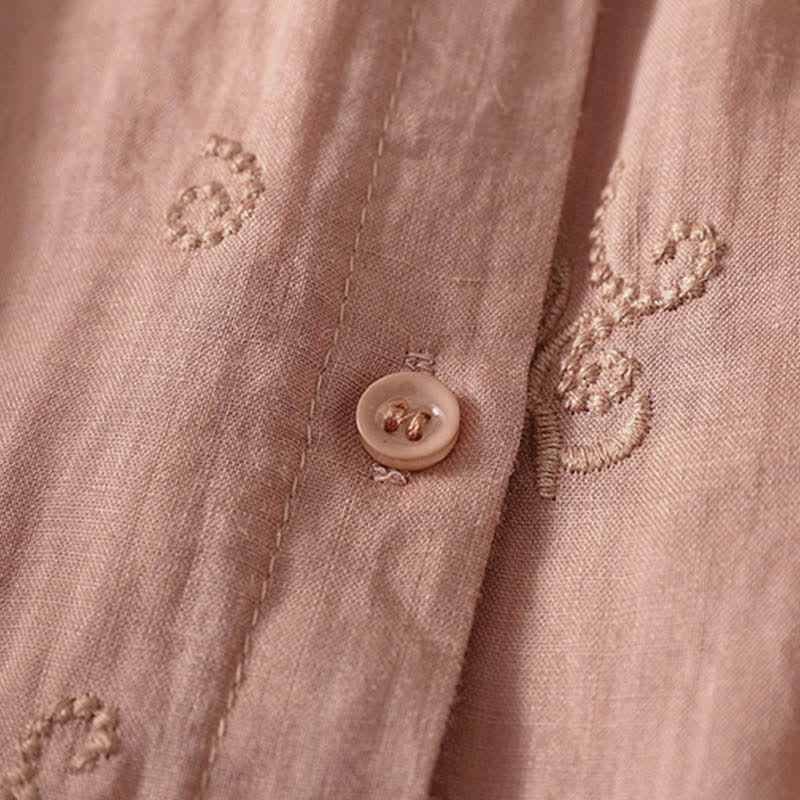 Buddha Stones Retro Embroidered Floral Short Sleeve Women's Buttons Shirt
