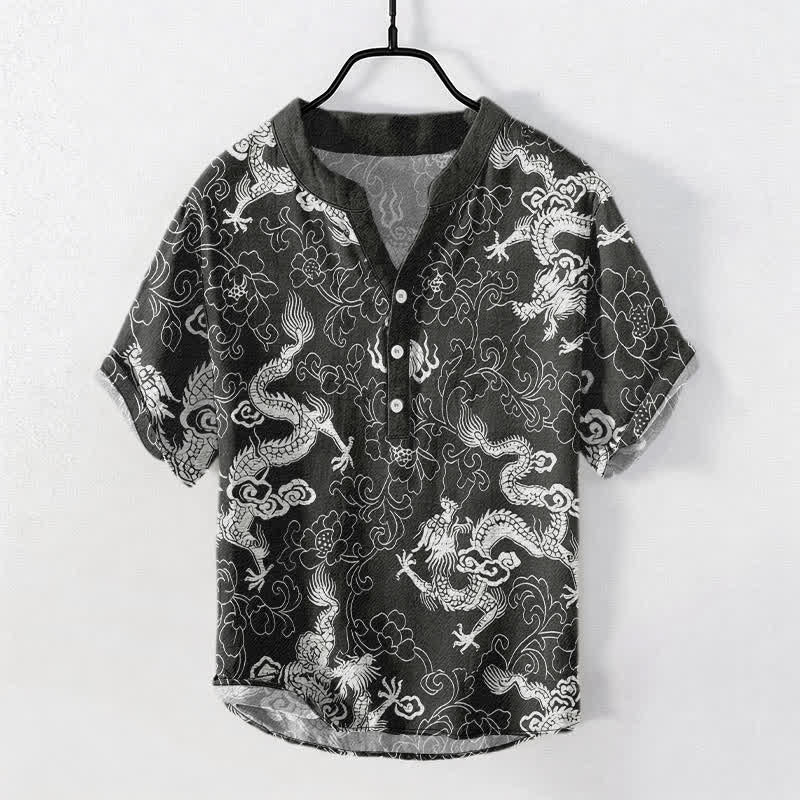 Buddha Stones Cotton Dragon Lotus Pattern Men's Short Sleeve Half Button Shirt