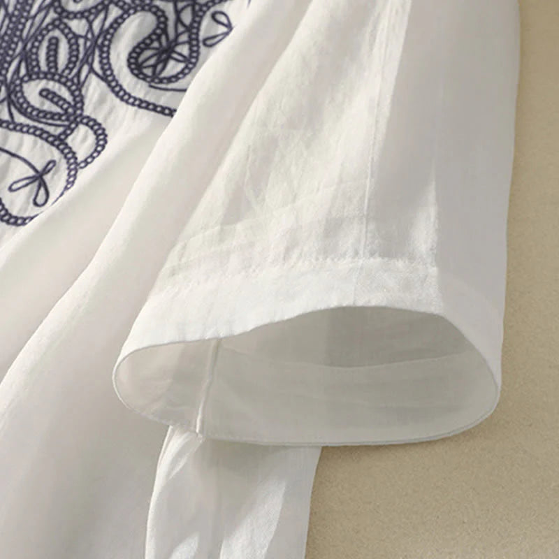 Buddha Stones Embroidered V-neck Casual Women's Cotton Linen Half Sleeve T-shirt