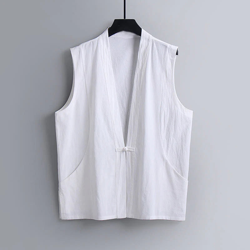 Buddha Stones Summer Solid Color V-Neck Frog-Button Sleeveless Men's Cotton Linen Vest