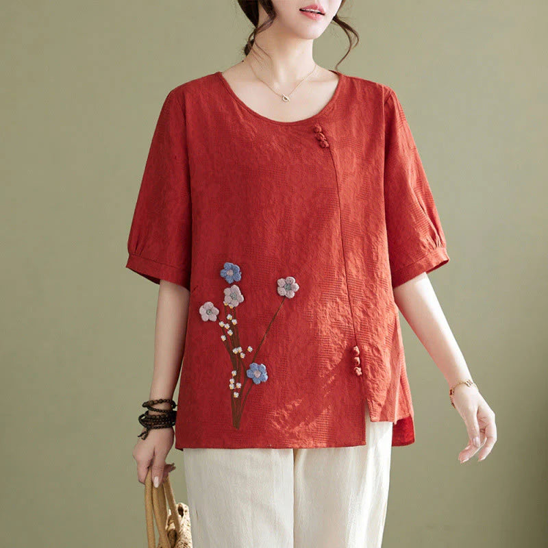 Buddha Stones Three-dimensional Flowers Design Crew Neck Short Sleeve Cotton Women's Shirt