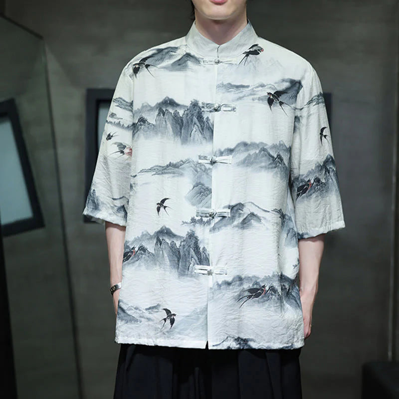 Buddha Stones Ink Painting Mountains Chinese Frog-Button Tang Suit Men's Half Sleeve Cotton Linen Shirt