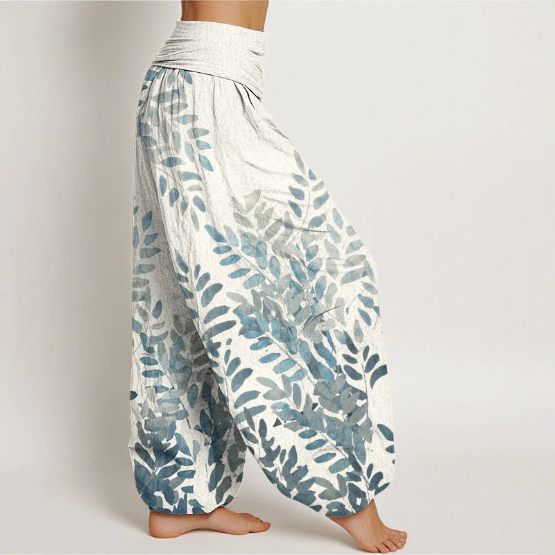 Buddha Stones Cotton Casual Plant Interlaced Leaves Pattern Women's Elastic Waist Harem Pants