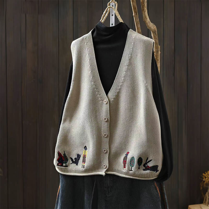 Buddha Stones Figure Rabbit Tree Embroidery Buttons Women's Sleeveless Cotton Knitted Vest Waistcoat