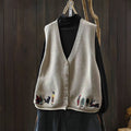Buddha Stones Figure Rabbit Tree Embroidery Buttons Women's Sleeveless Cotton Knitted Vest Waistcoat