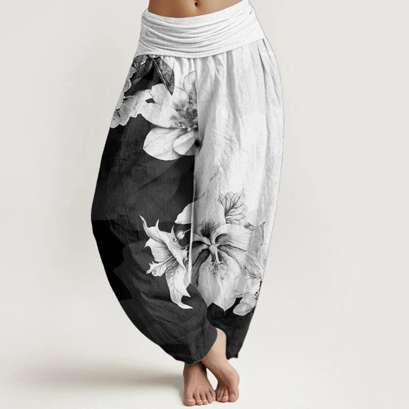 Buddha Stones Pure Cotton Camellia Pattern Women's Elastic Waist Harem Pants