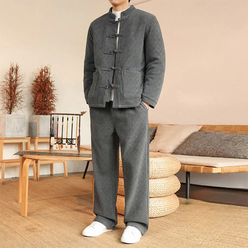 Buddha Stones 2Pcs Winter Solid Men's Tang Suit Frog-Button Cotton Long Sleeve Jacket Pants Set With Pockets