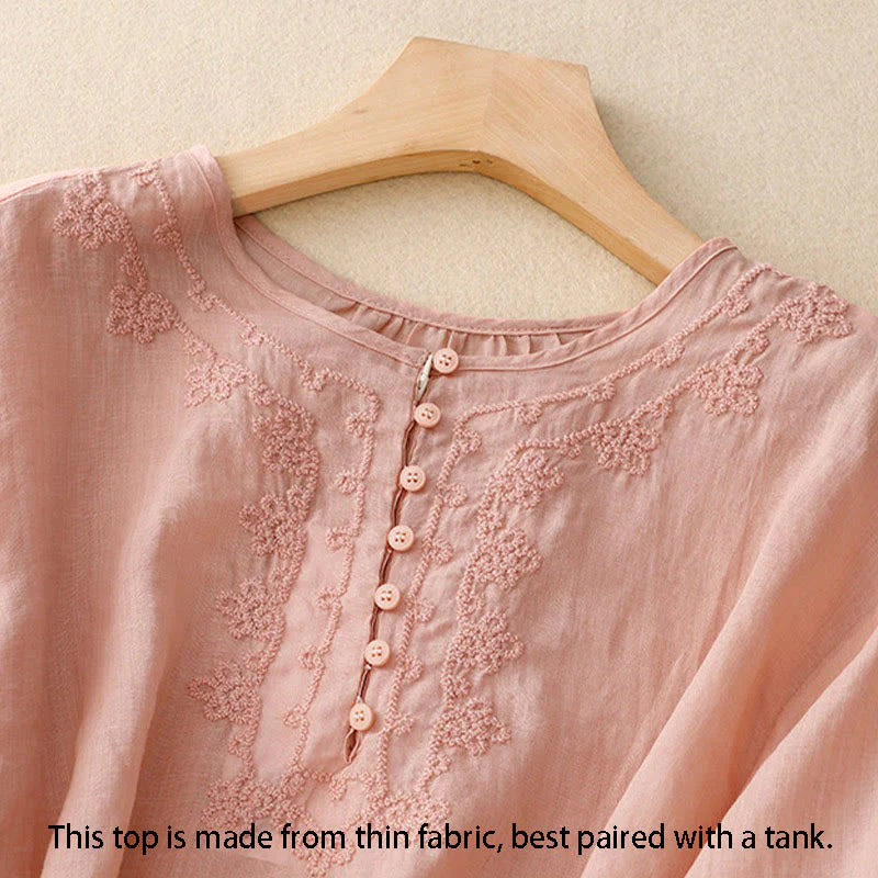 Buddha Stones Line Embroidery Button Crew Neck Half Sleeve Women's Cotton Shirt