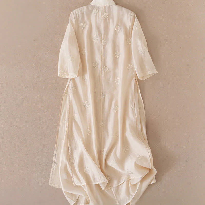 Buddha Stones Embroidery Flower Frog-Button Stand Collar Side Slit Short Sleeve Maxi Dress