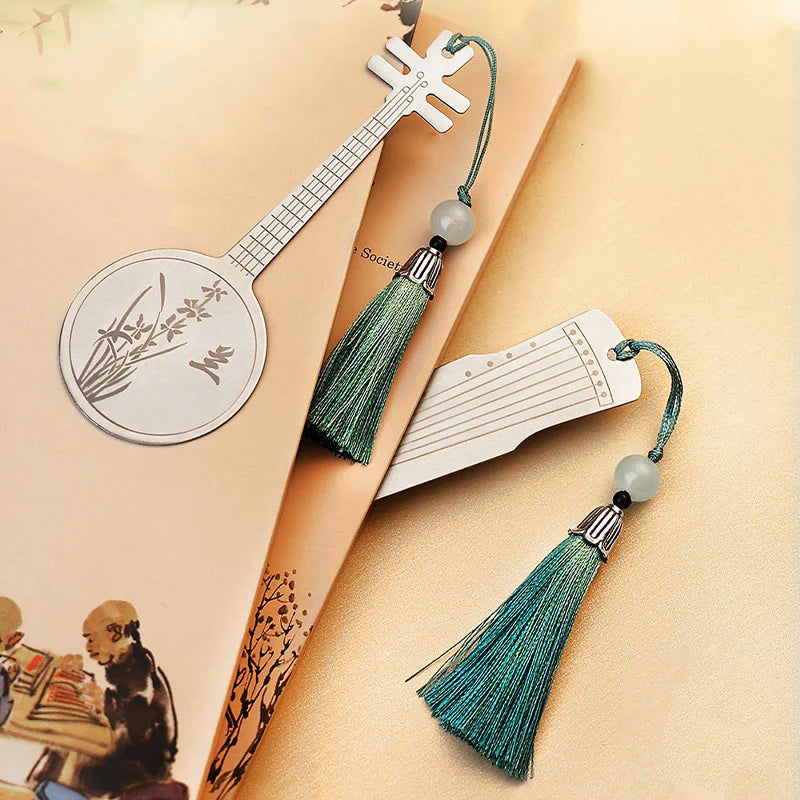Buddha Stones Classical Musical Instruments Pipa Guzheng Guqin Ruan Metal Bookmarks Tassel With Gift Box