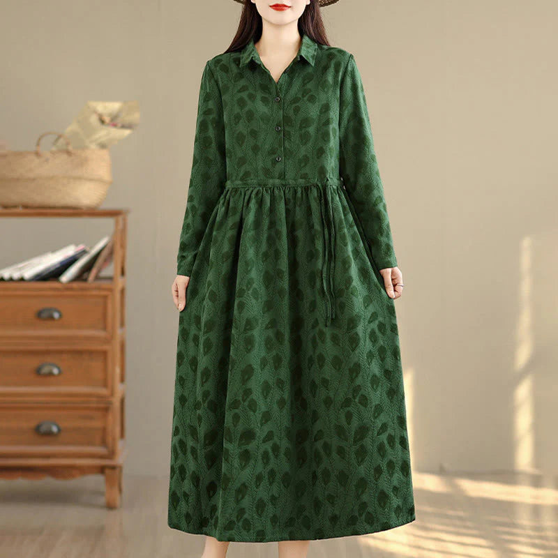 Buddha Stones Leaf Pattern Stand Collar Long Sleeve Cotton Midi Dress With Pockets