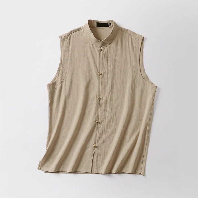 Buddha Stones Summer Solid Color Stand Collar Men's Cotton Linen Sleeveless Vest