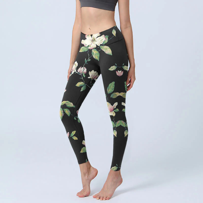 Buddha Stones Magnolia Flower Pattern Print Gym Leggings Women's Yoga Pants