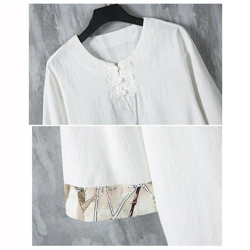 Buddha Stones Summer Frog-Button Yellow Bamboo Leaves Half Sleeve Men's Linen Shirt