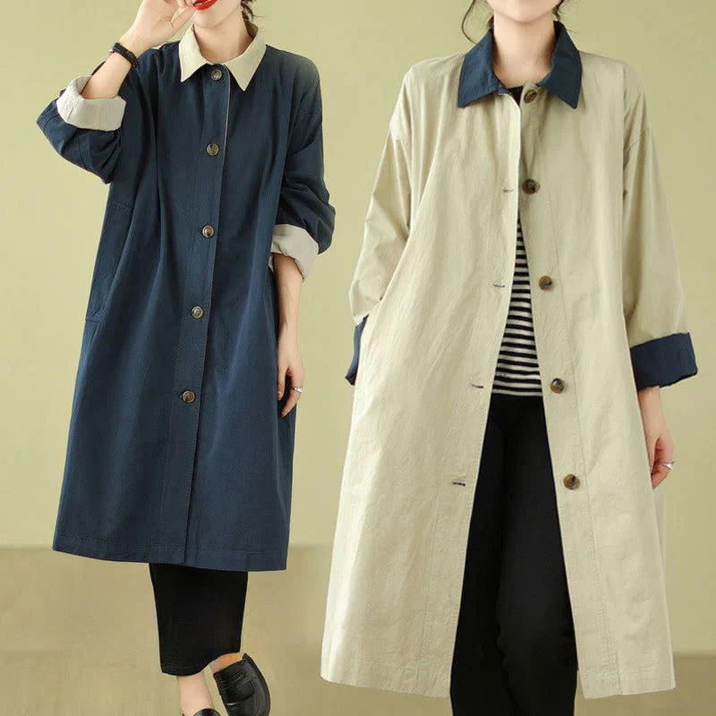 Buddha Stones Splicing Color Buttons Women's Cotton Coat With Pockets