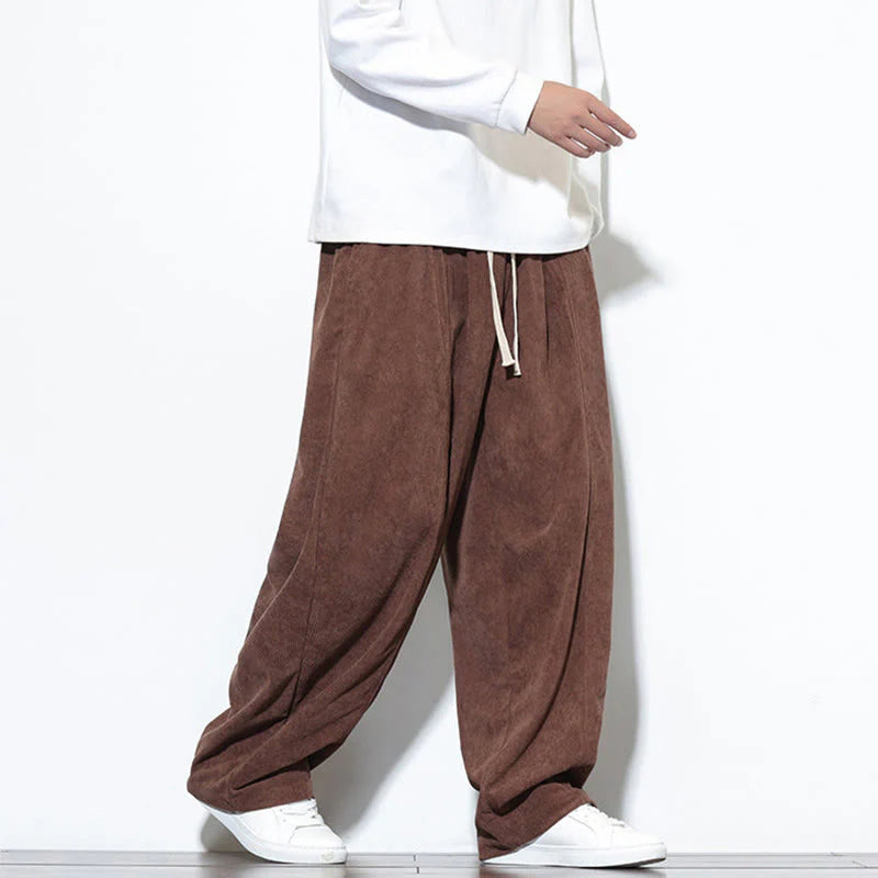 Buddha Stones Plain Drawstring Pure Cotton Corduroy Men's Harem Pants With Pockets