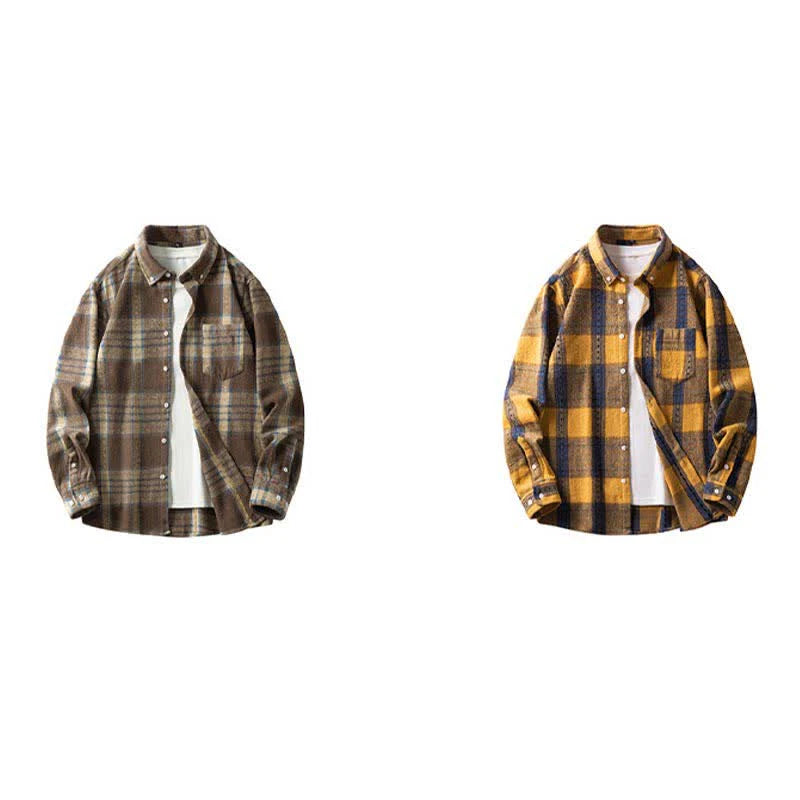 Buddha Stones Commute Multicolor Plaid Button Men's Cotton Long Sleeve Shirts With Pocket