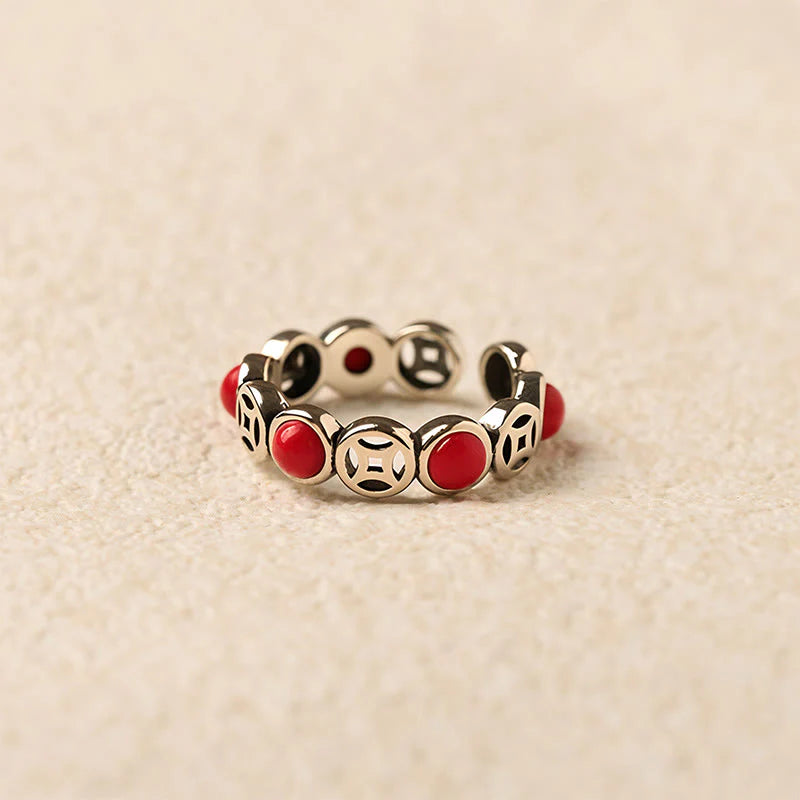 Buddha Stones Jade South Red Agate Copper Coin Prosperity Luck Open Ring