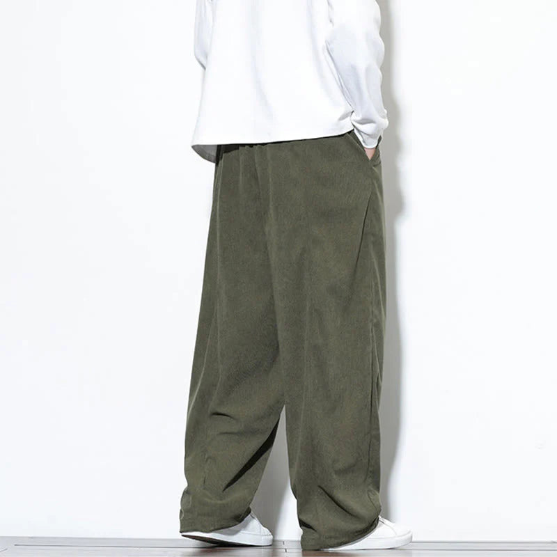 Buddha Stones Plain Drawstring Pure Cotton Corduroy Men's Harem Pants With Pockets