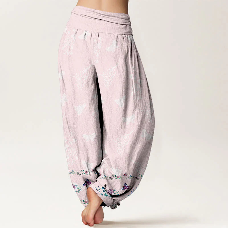 Buddha Stones Pure Cotton Trouser Legs Neatly Arranged Butterfly Grass Flower Pattern Women's Elastic Waist Harem Pants