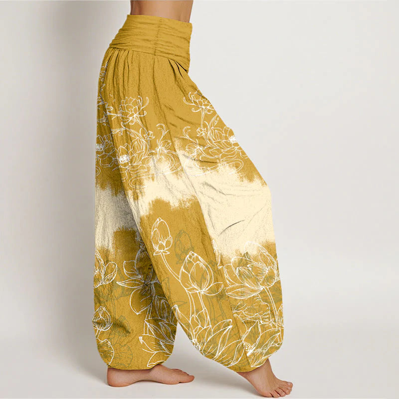 Buddha Stones Cotton Colorful Lotus Pattern Women's Elastic Waist Harem Pants