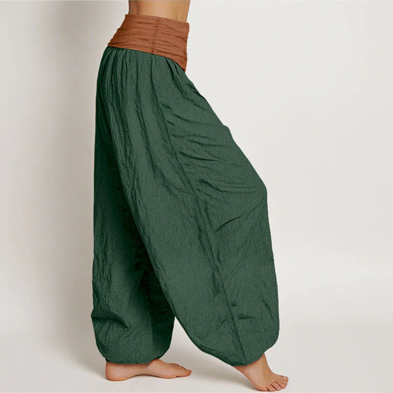 Buddha Stones Cotton Green Black Brown Red Solid Color Women's Elastic Waist Harem Pants