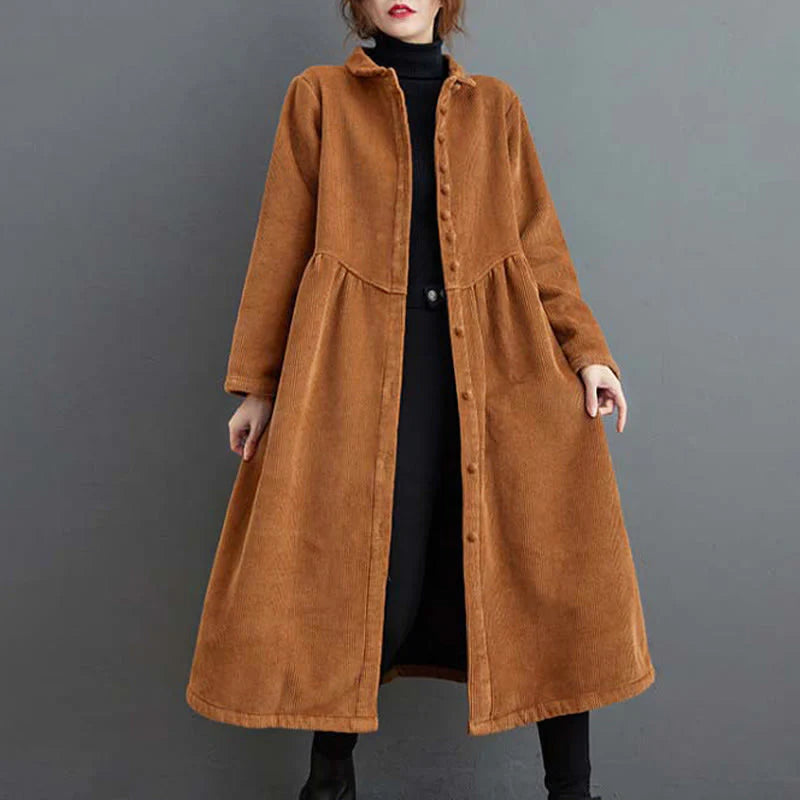 Buddha Stones Plain Buttons Long Sleeve Women's Cotton Corduroy Fleece-Lined Coat With Pockets