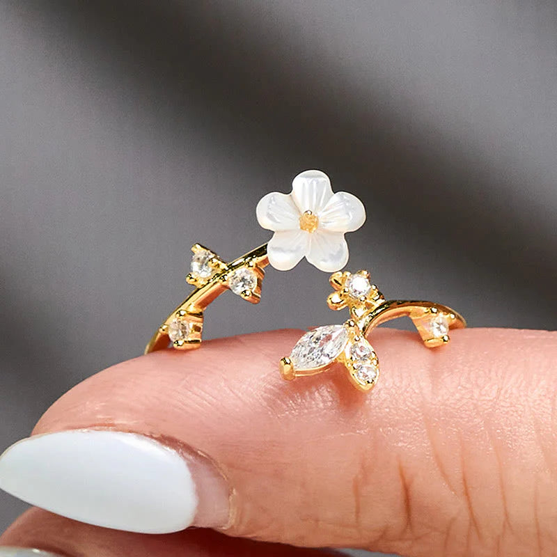 Buddha Stones 925 Sterling Silver White Flower Design Adjustable Blessing Ring